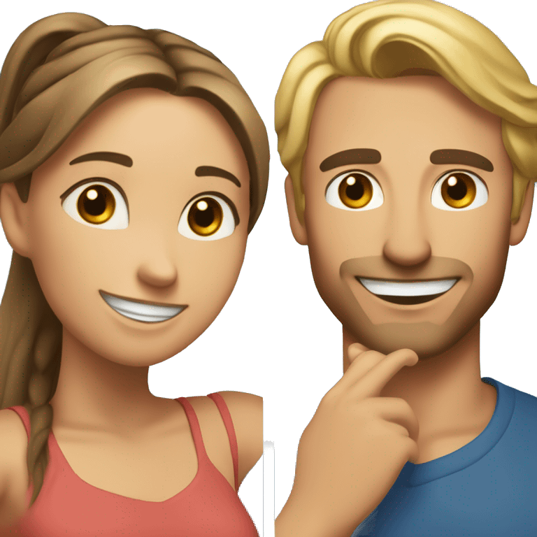 Woman and man smiling, woman has straight Brown hair in a ponytail, slightly sunkissed skin, man has blonde long hair in a ponytail, slightly sunkissed skin emoji