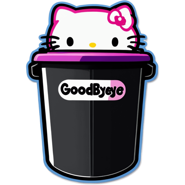 A trash bin that says GOODBYEEEE with hello Kitty in it emoji