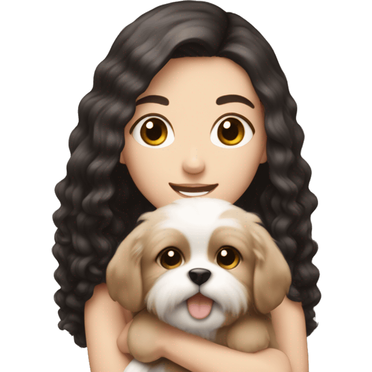 pale white girl with black hair holding light brown fluffy puppy emoji