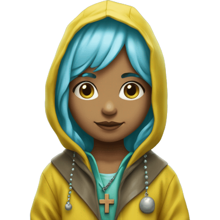 Cute little girl with light blue hair wearing a yellow raincoat hood up with rosary with a cross and green muddy boots emoji