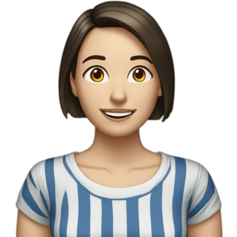 caucasian woman with dark brown hair a bob haircut, braces on teeth, blue and white striped t shirt emoji