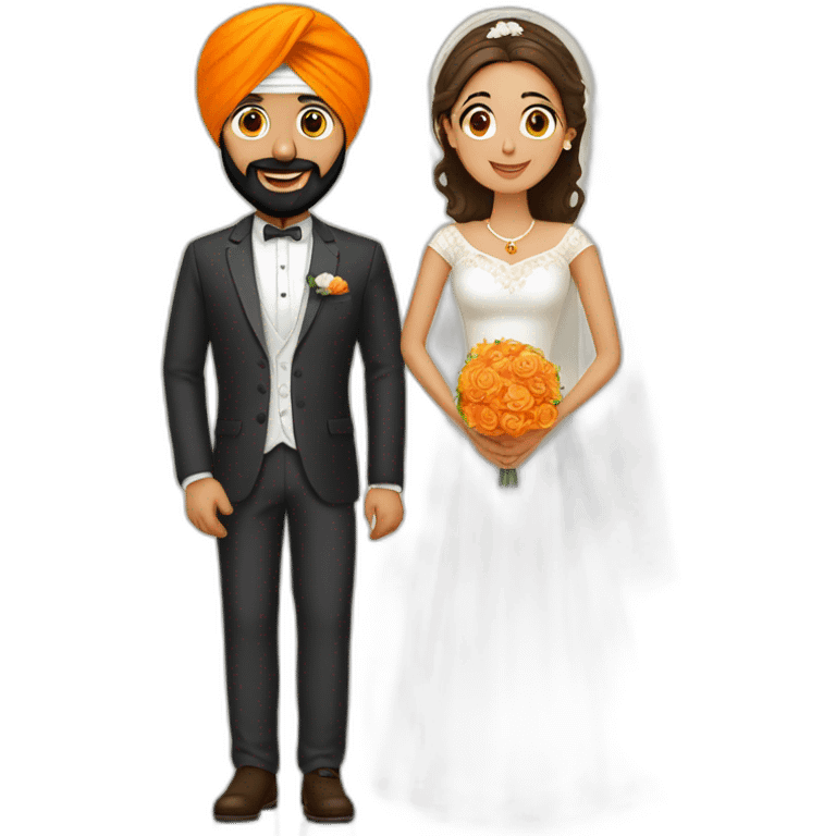 A Sikh man with an orange turban and white dress, with his wife at their wedding emoji