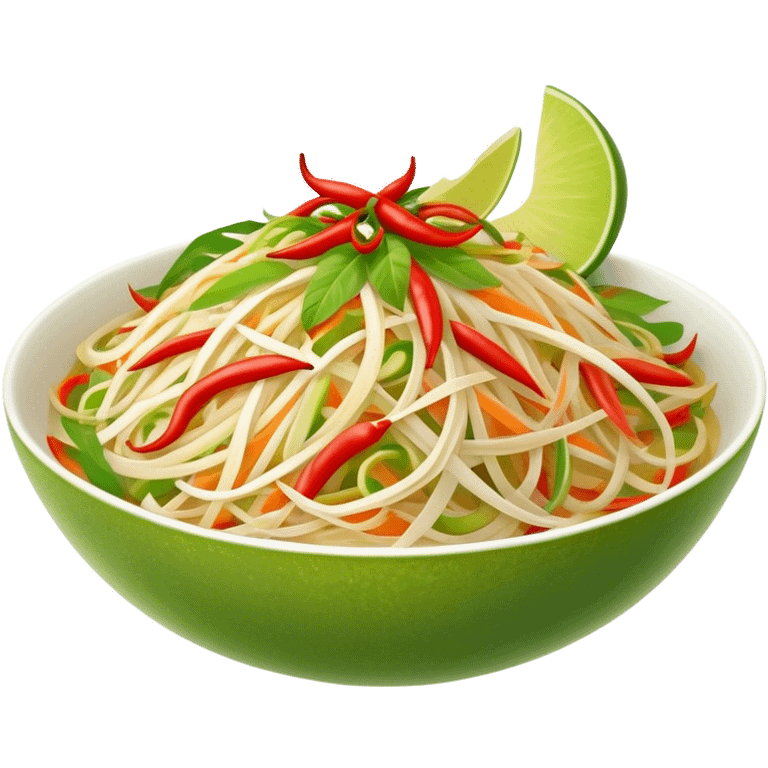 Cinematic Realistic Som Tam (Papaya Salad) Dish Emoji, featuring a spicy, tangy salad of shredded green papaya with chili and lime rendered with crisp textures and bright, lively lighting. emoji