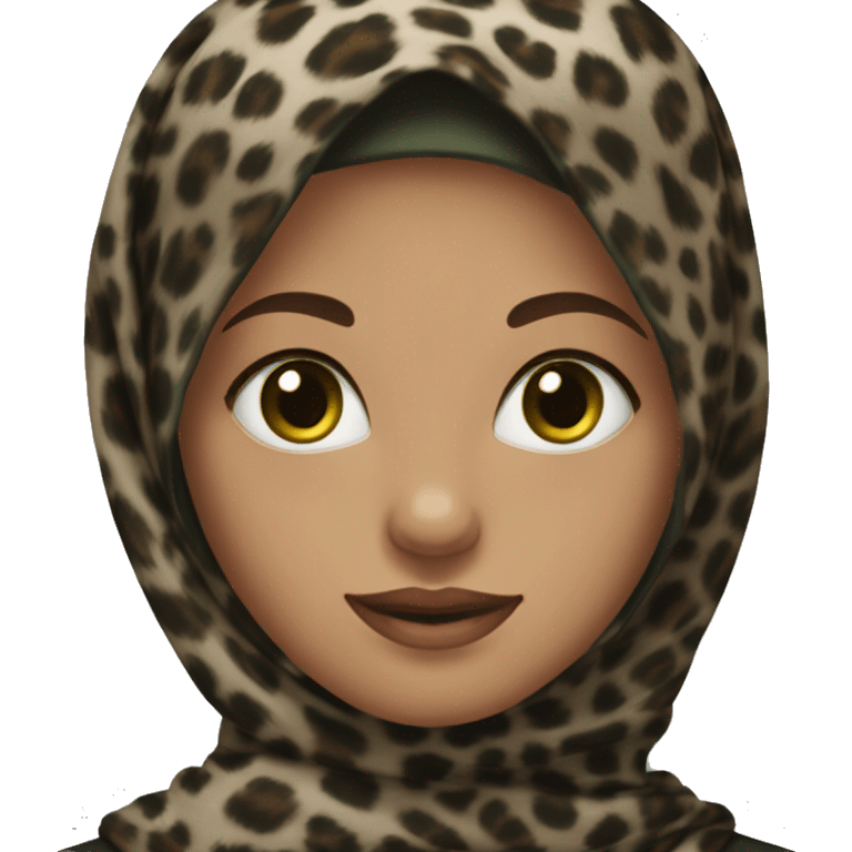 Girl wearing dark brown leopard hijab, green eyes, neck and hairline showing emoji