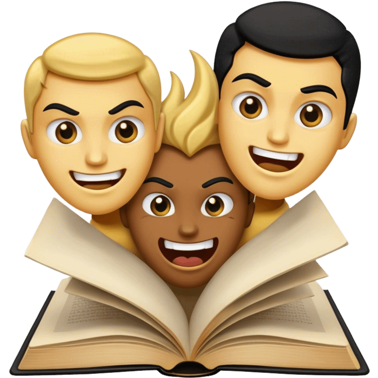 open book with three faces, smiling and happy,one angry, one smiling and happy, make it black and gold one that is okei, natural. emoji