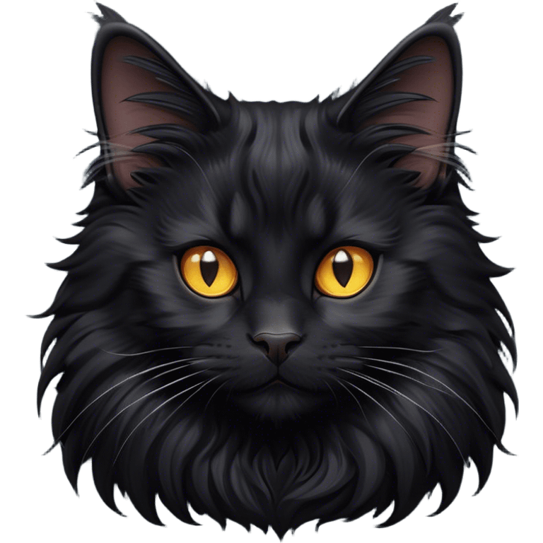 Cinematic Adorable Fluffy Black Maine Coon Cat Portrait Emoji, Head tilted playfully and inquisitively, sleek jet-black fur with a soft, velvety texture, Simplified yet charming features, highly detailed, glowing with a warm, mysterious glow, high shine, curious and affectionate, stylized with a touch of whimsy, bright and alert, soft glowing outline, capturing the essence of a mischievous yet loving kitten, so endearing it feels like it could pounce out of the screen with its fluffy tail swishing gracefully! emoji