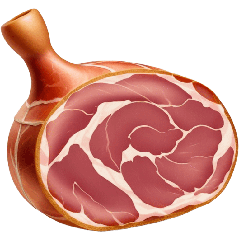 Jamón Serrano Cinematic Realistic Jamón Serrano Dish Emoji, depicted as a prominent leg of cured ham with visible marbling, rendered with rich textures and dynamic, appetizing lighting. emoji