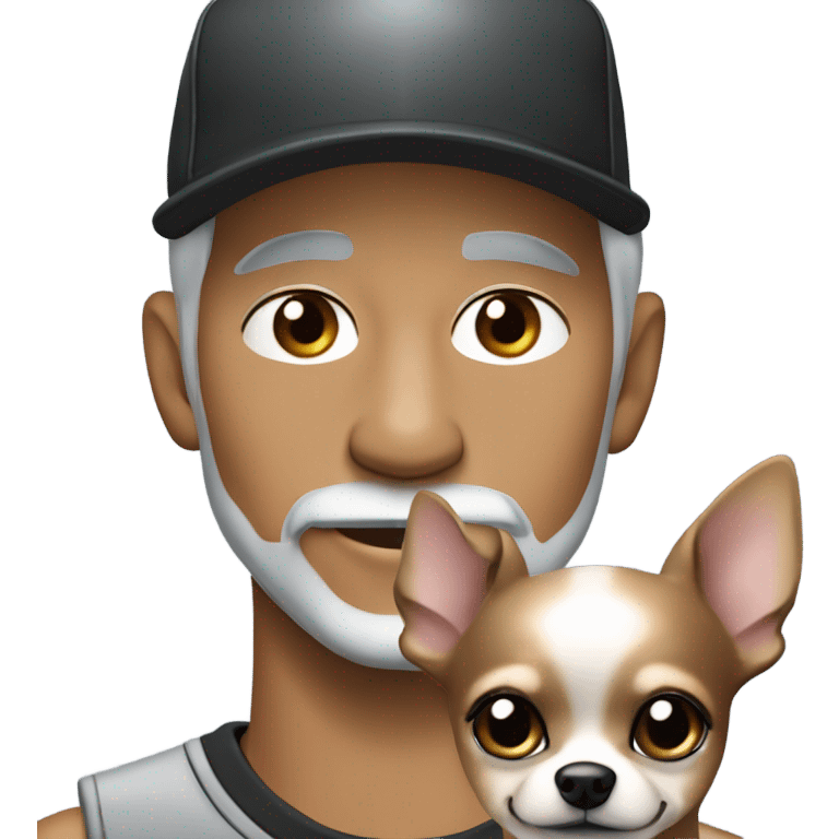 Man with blue eyes grey hair and grey goatee wearing ball cap holding black long haired chihuahua emoji