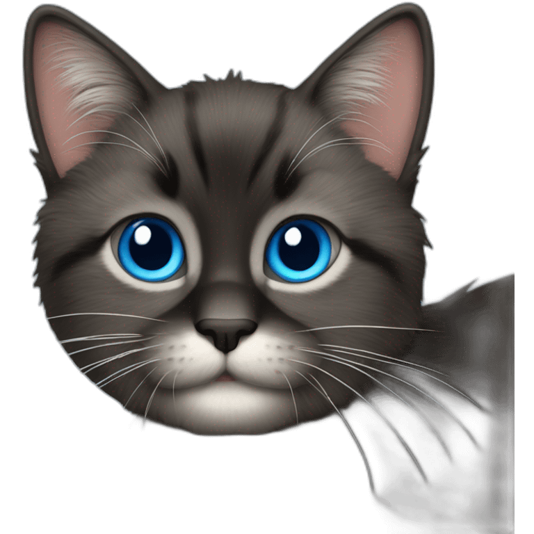 create a black furry cat emoticon with blue eyes that says "have fun!,, emoji