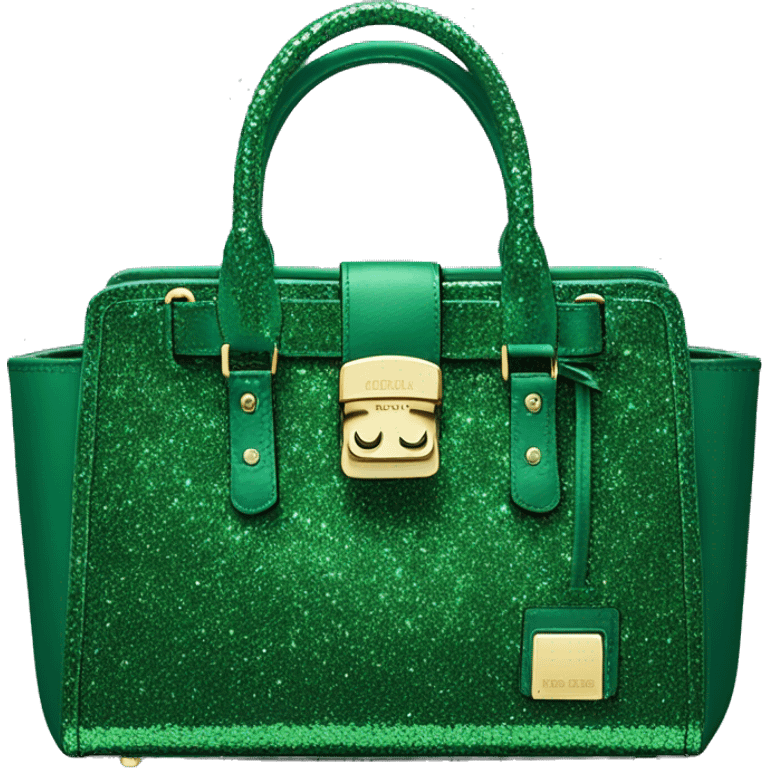 Realistic isolated emerald green glitter michaesl kors satchel purse.  emoji