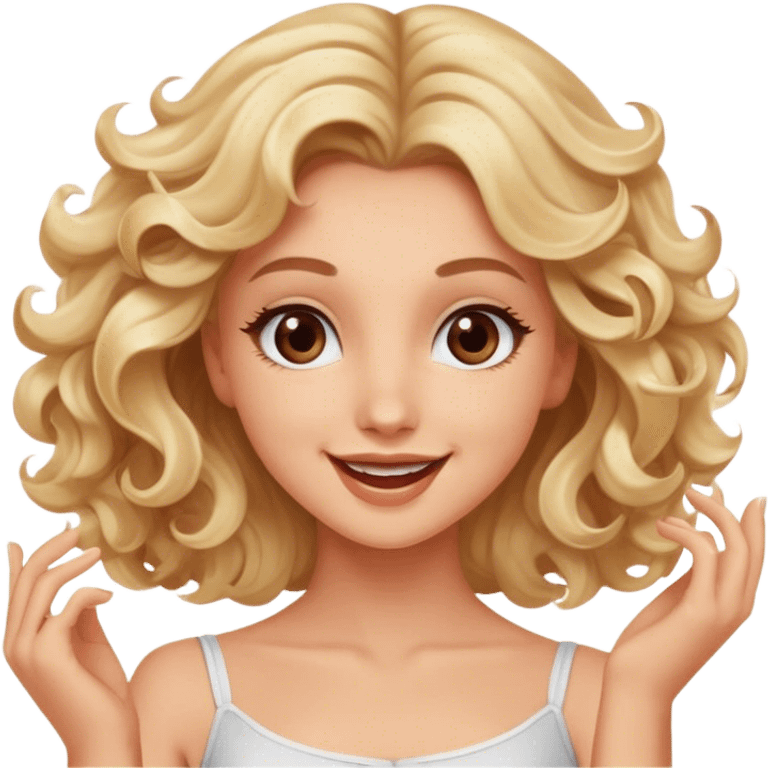 Pretty blonde model, brown eyes, soft curls, happy dance emoji