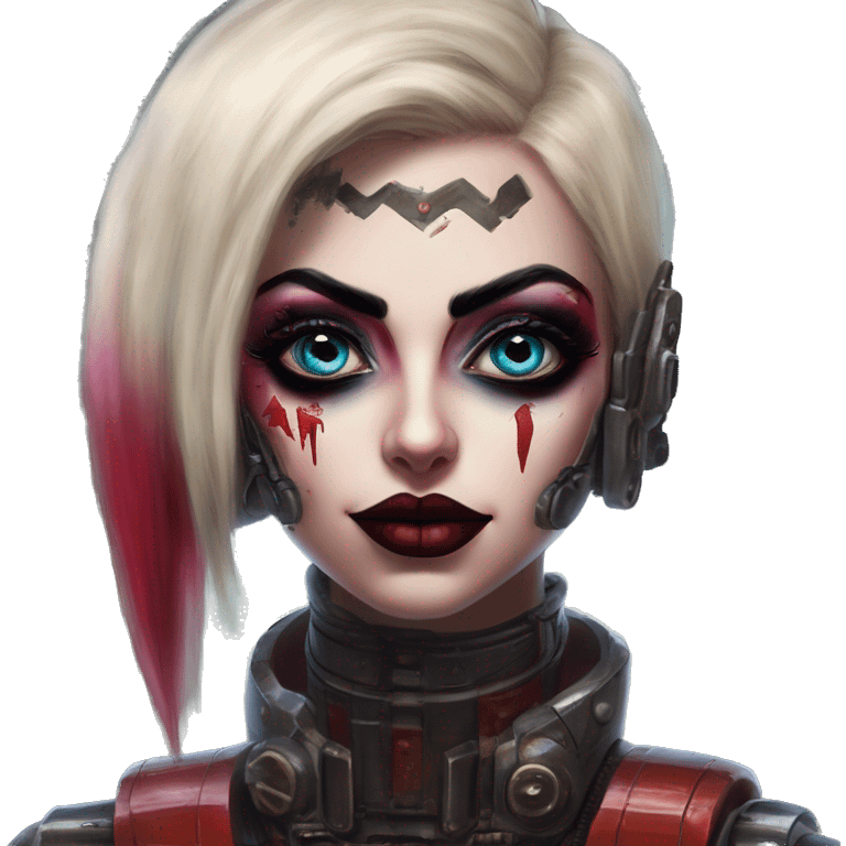 Arabic mechwarrior in Harley Quinn style, oil paint, mysterious eyes, intricate lips, masterpiece portrait, odd perspective, beautiful, desirable, logical emoji