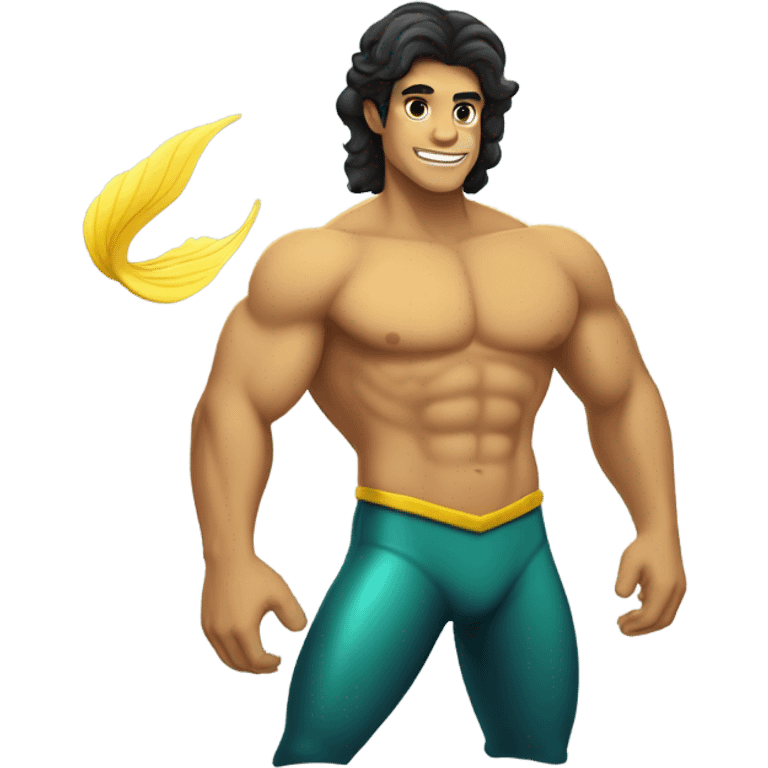 Tan muscular merman with dark hair and yellow tail emoji