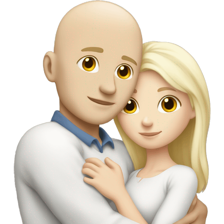 white bald male hugging white blonde female love emoji