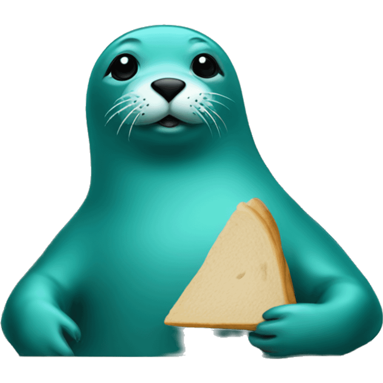 teal-coloured seal sitting behind a table with a sandwich emoji