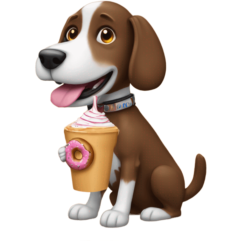 A dog riding a donut in the desert with a chocolate milkshake in his mouth  emoji