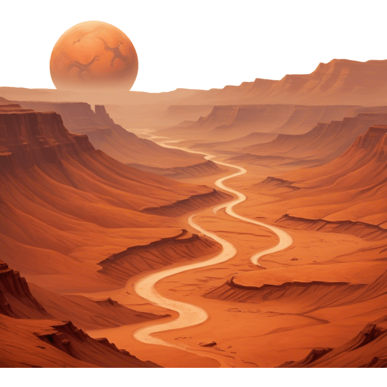 Cinematic Realistic Mars, portrayed with rugged, rust-colored landscapes, deep canyons, and swirling dust storms rendered with lifelike texture and an orange-hued glow that evokes the enigmatic allure of the Red Planet. emoji