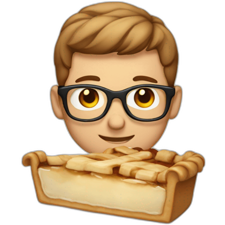 Short light brown hair guy wearing glasses eatings an apple pie emoji