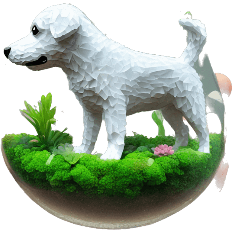 A dog made entirely of glass mirror crystals prisms glass transparent filled with plants as a terrarium emoji