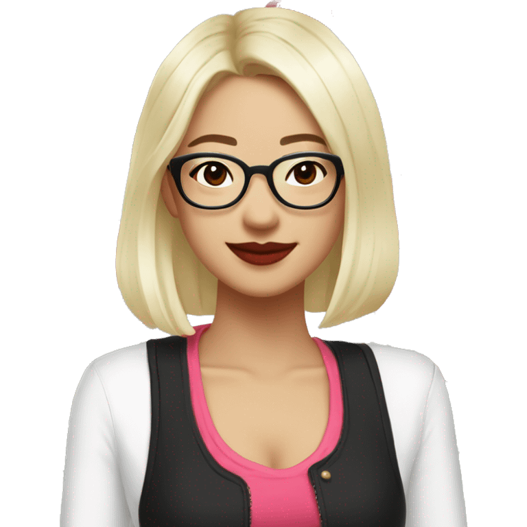 Asian girl, smiling with teeth, fair skin, black long hair, black eyes, black glasses with gold frames, red lipstick, wearing a white lace tank top and a black office jacket on top, with pink and red roses around her emoji