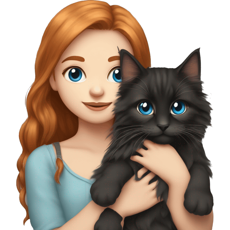 Cute girl with long ginger hair and blue eyes Holds in her arms Black Maine coon emoji