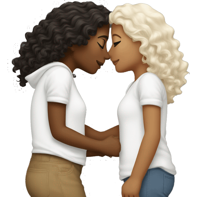 2 lesbians kissing, one white with brown hair one black white brown curly hair emoji