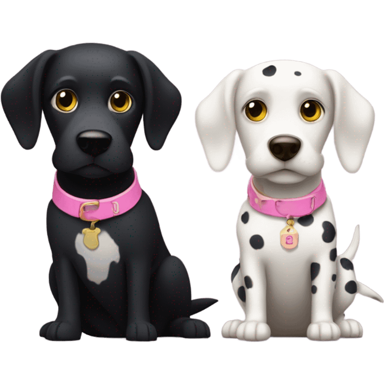 Black dog with white spotty legs and pink collar sitting next to bigger black dog with white legs and yellow collar emoji