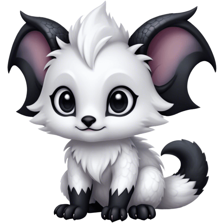 Absol-Umbreon-fantasy creature, black ears, no Scapha, black long scaly tail, big eyes, black eyes, white fur, black claws, cute, adorable emoji