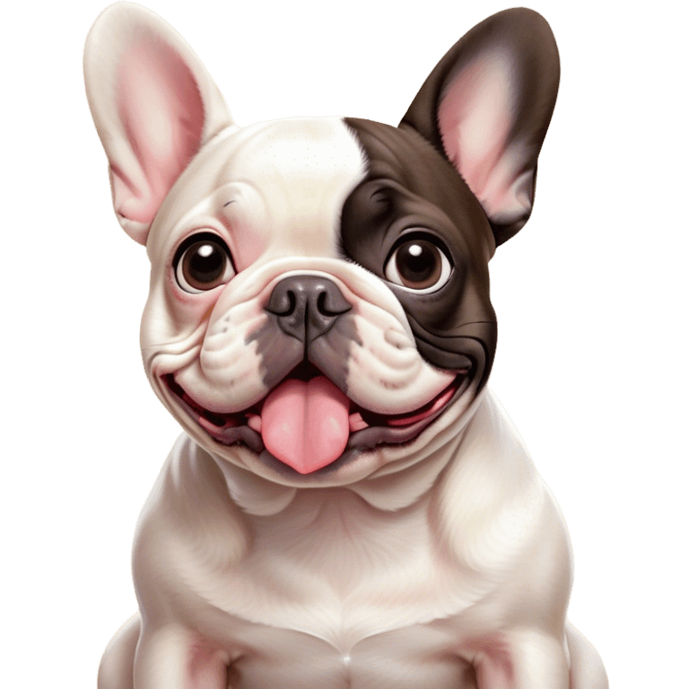 Cinematic Comical Pied French Bulldog Portrait Emoji, Head tilted with an exaggeratedly shocked, comical expression and wide, humorously expressive eyes, showcasing a distinctive pied fur of contrasting hues and a charmingly goofy face, simplified yet hilariously detailed, glowing with a sassy, playful radiance, high shine, exuding a mischievous and meme-worthy charm, styled with a soft glowing outline, capturing the essence of a Pied French Bulldog that looks ready to spark a viral laugh! emoji