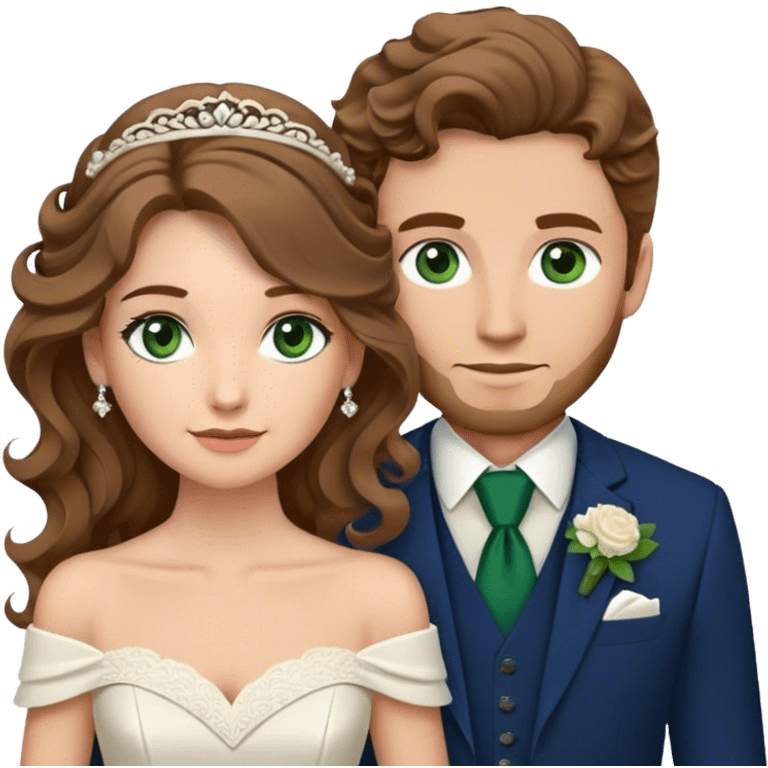 A bride and groom. Bride has brown hair with soft curls, has green eyes, wears an off shoulder dress. Groom has blond hair, has dark blue eyes, wears a brown suit with a brown vest and a bolo tie. emoji