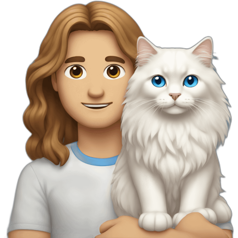 man with brown long hair and blue eyes holding a white Siberian cat emoji