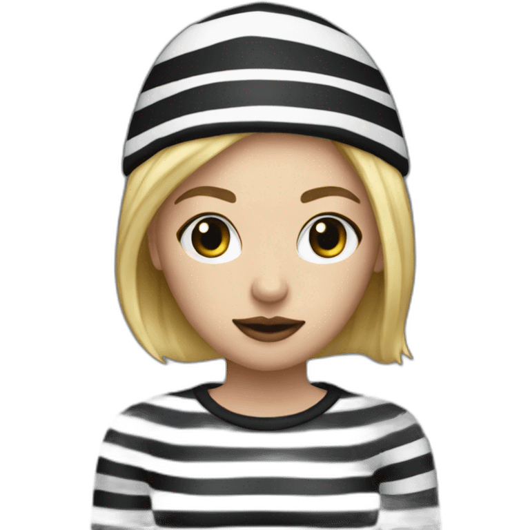 bank robber blonde woman with black beanie hat eye mask and striped shirt emoji