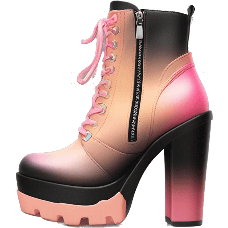 Hyper Realistic isolated top front view of a pair  of peach,pink and black ombre chunky heel zippered ankle bootie boots. emoji