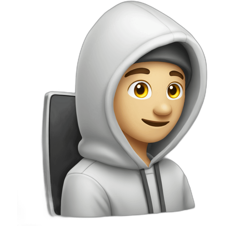 White young Adult Developer with a hood behind his computer emoji