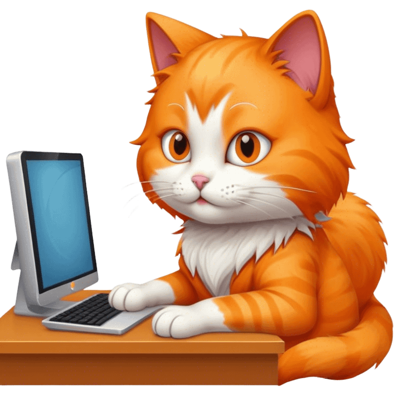 A cat is using a desktop computer in the study room. emoji