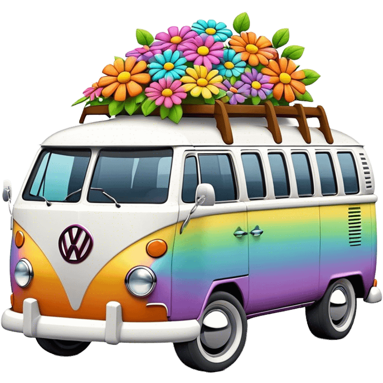 3D, psychedelic colored VW Van with hippie style flowers emoji