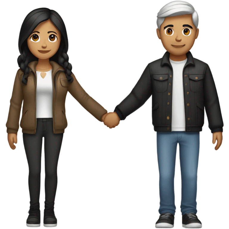 a couple holding hands. the guy has black middle part hair and is Persian and Filipino mix. the girl has brown medium length hair white and asian mix. the girl is where a crop top and the guy is wearing a jacket. emoji