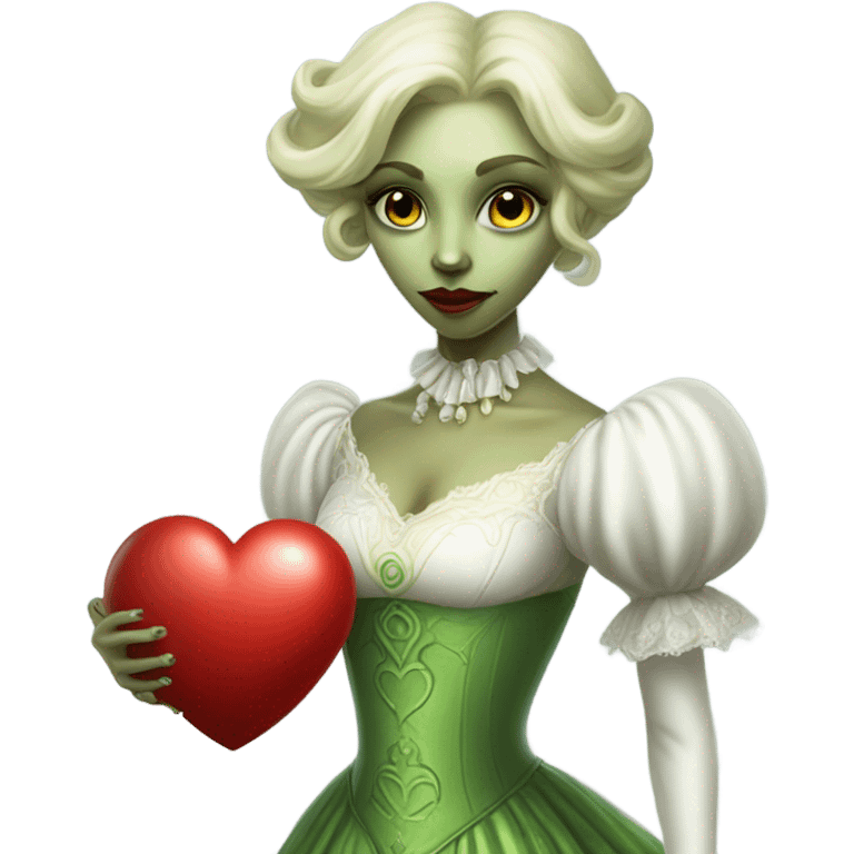 "galora green blonde alien woman" in white Victorian dress elegant, full body holdig red big hearth emoji