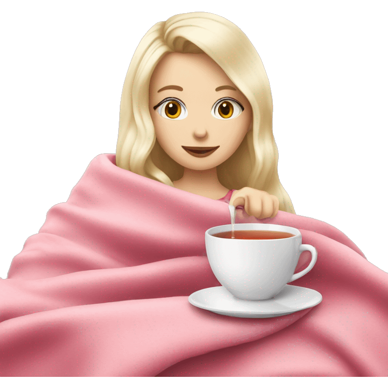 White blonde Girl drinking tea with pink blanket on emoji