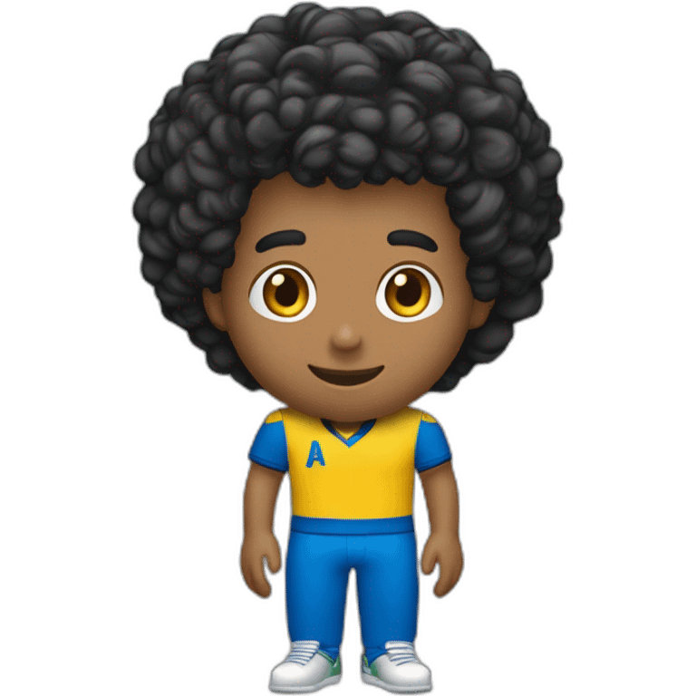 Menino tom de pele moreno, cabelo curto preto, camisa amarela, bermuda azuls segura uma peça de quebra-cabeça colorido emoji