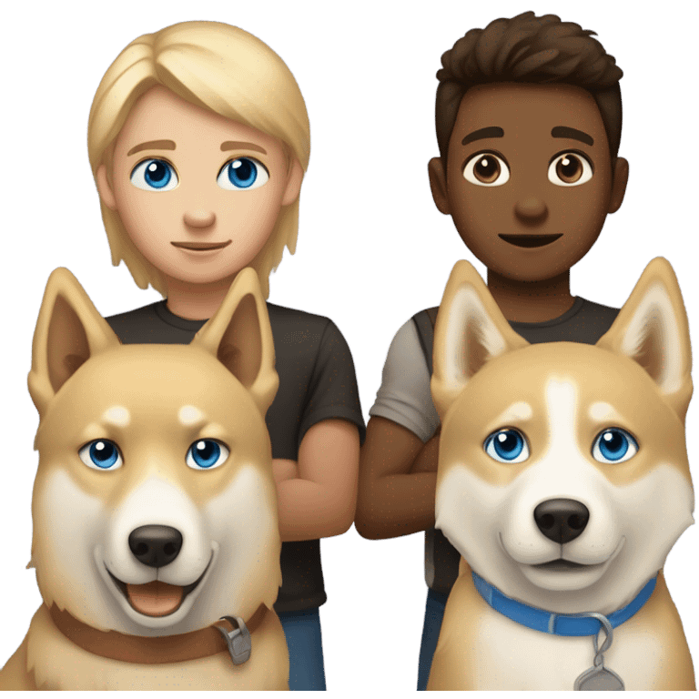 Brown boy, blond boy and a golden Husky with blue eyes emoji