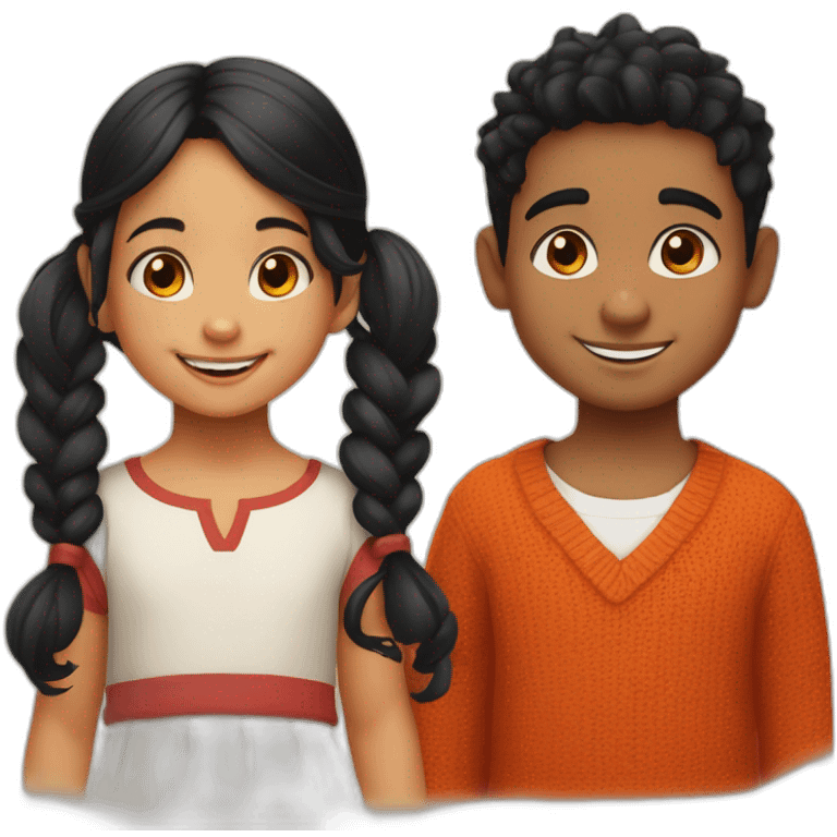 smiling 3 years old indian girl with black curly hair in pigtails wearing a orange dress with a smiling 3 years old white skin indian boy with straight black hair wearing a dark red sweater emoji