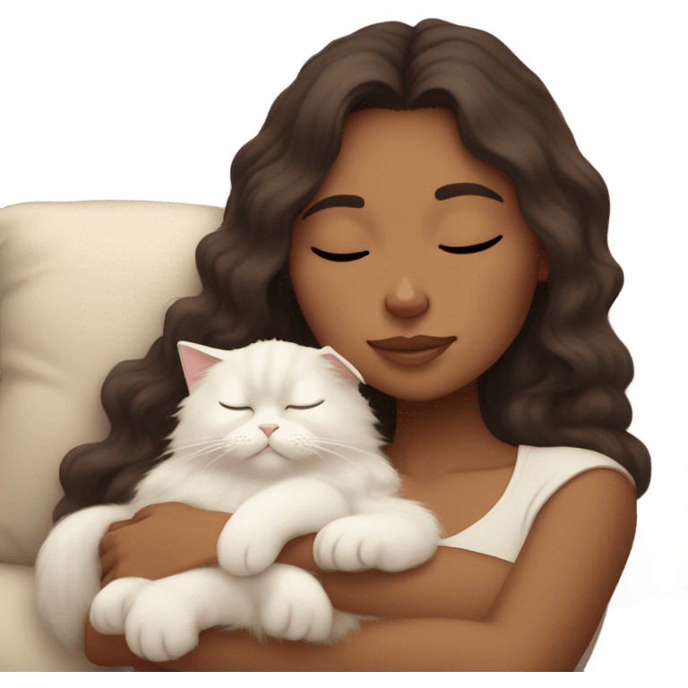 brunette wavey haired tan girl sleeping with her himalayan cat  emoji