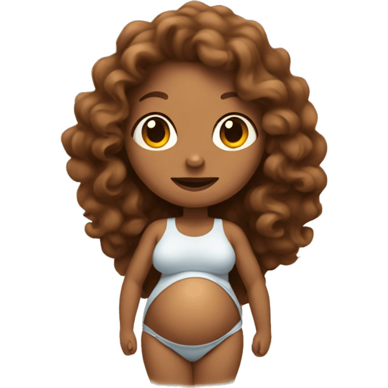 Pregnant tan lady with long, brown, curly hair holding her belly emoji