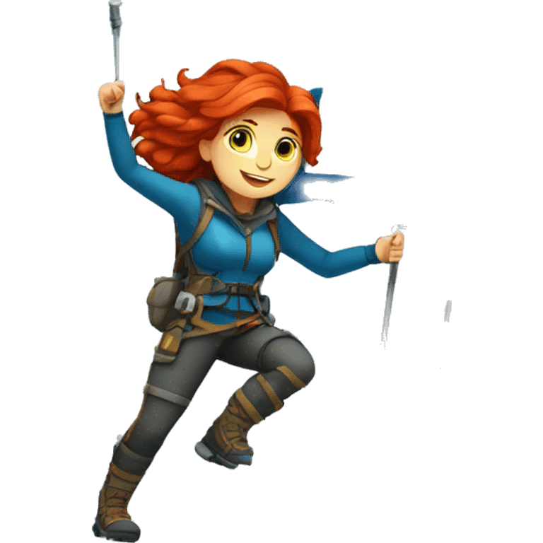 a red hair female mountaineer summitting ice peak with greek flag emoji