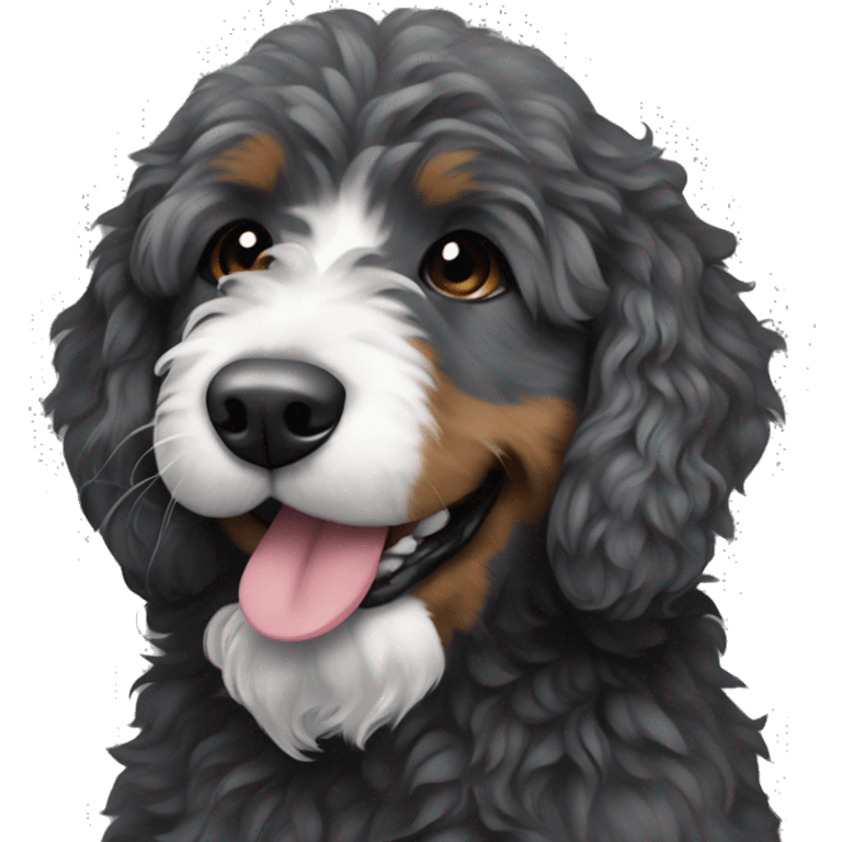 Dark grey Bernedoodle with stuffed animal in mouth emoji