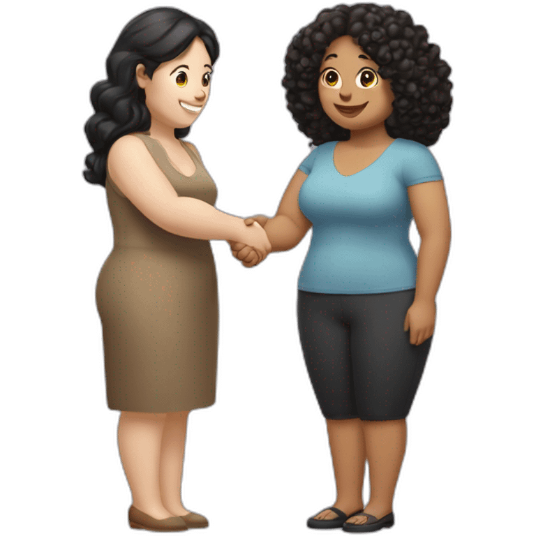 tan chubby woman with black curly hair shakes hands with a chubby pale woman who has straight light brown hair emoji