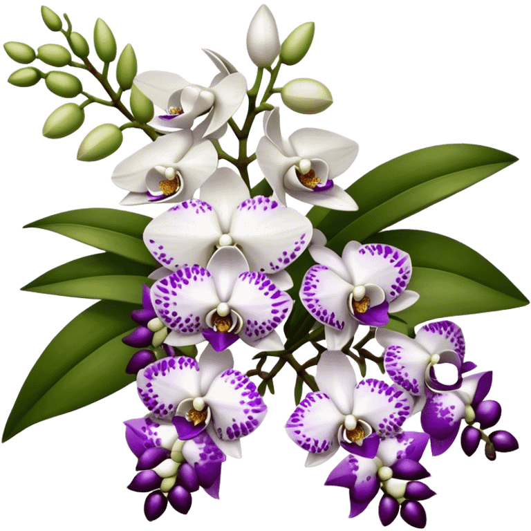 big bouquet white purple Rhynchostylis Orchid, stem, leaf, luxuriant emoji