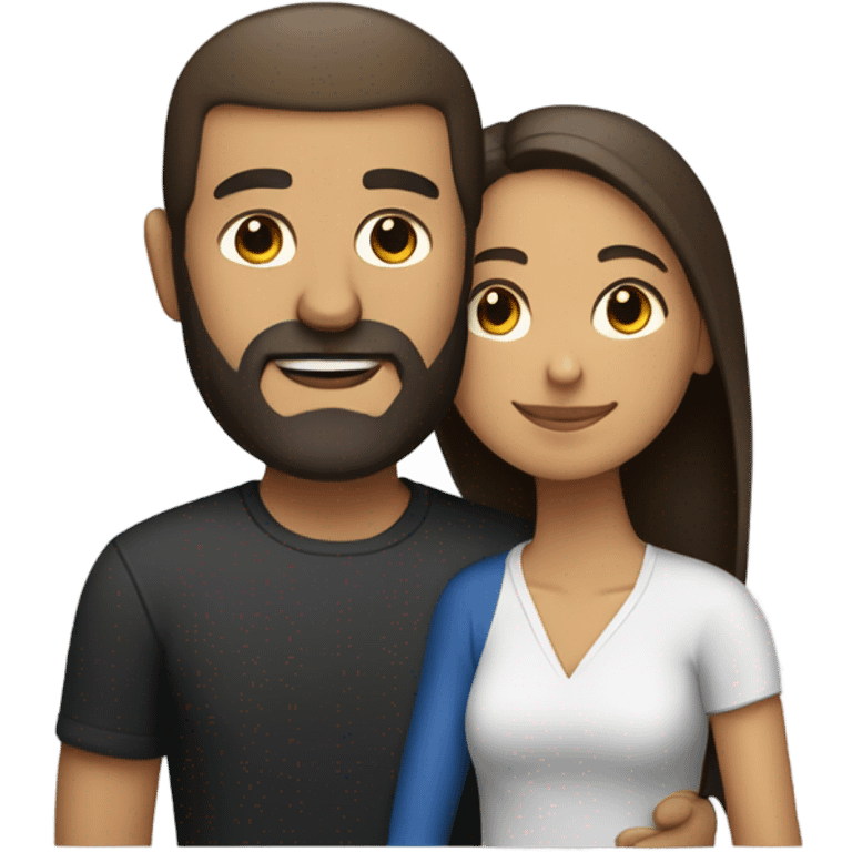 Comforting hug from tall, brunette, Puerto Rican woman to shorter bald male with beard emoji