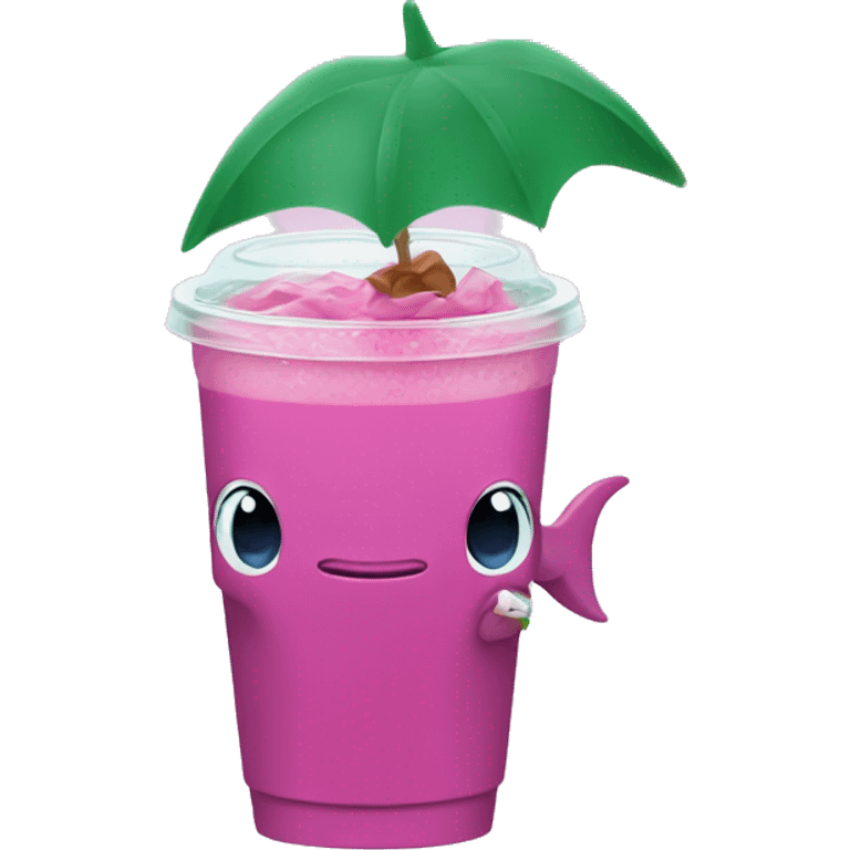 a pink dolphin holding a Starbucks açaí refresher  emoji